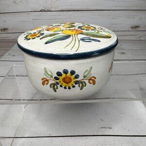 Hand Painted Floral‎ Ceramic Trinket Dish w Lid 6" Vintage Folk Art Style Signed
